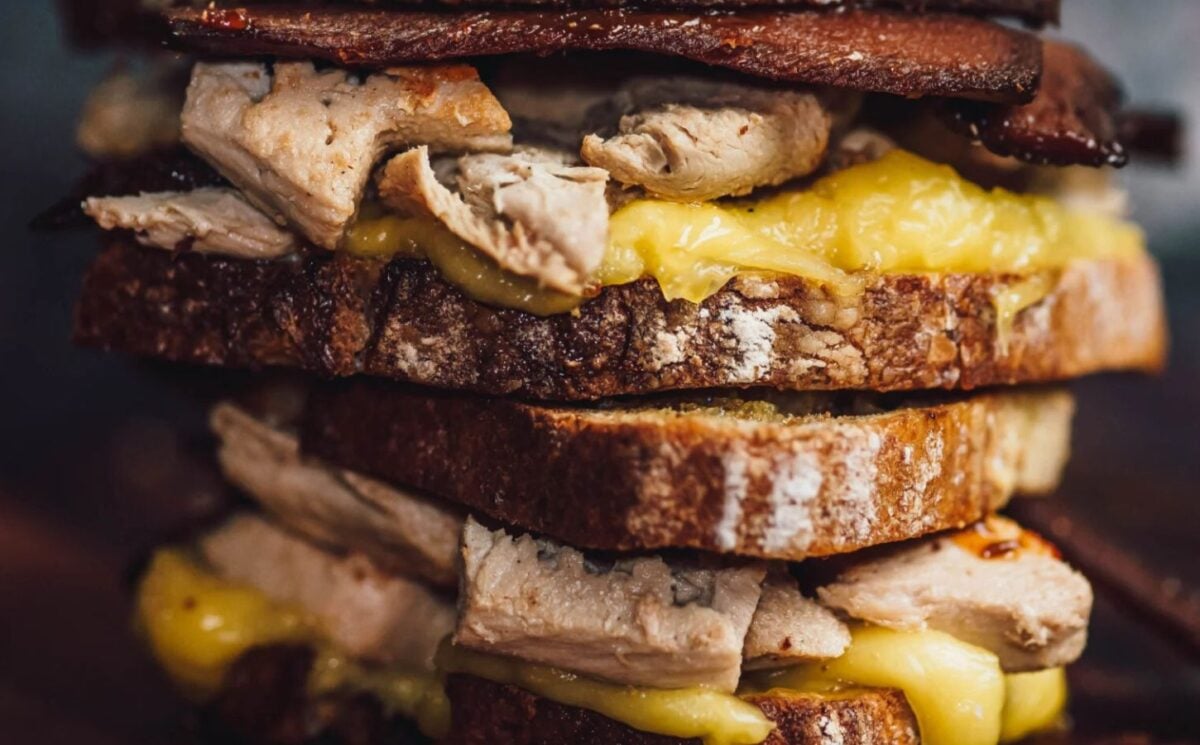 Photo shows a sandwich idea by No Meat Disco featuring chicken and bacon products from THIS