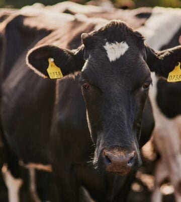 Photo shows a herd of cows with one standing front and center and looking at the camera