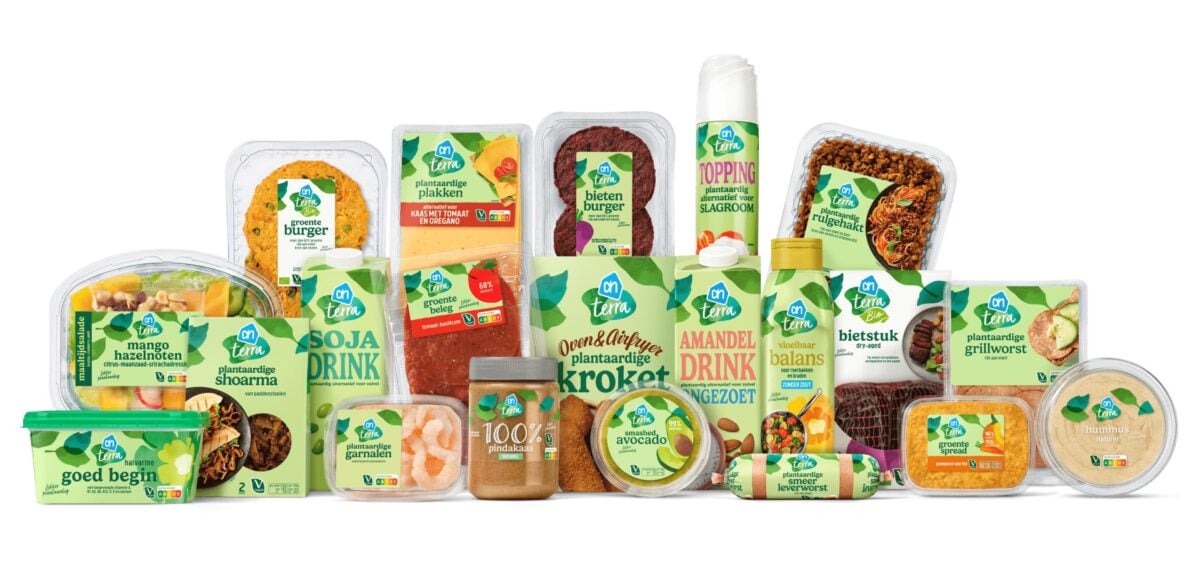 A collection of plant-based food products from AH Terra, the vegan line of Dutch supermarket Albert Heijn