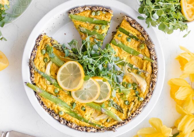 A vegan and gluten-free asparagus quiche
