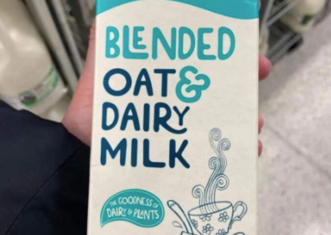 A carton of blended dairy and oat milk in a UK supermarket