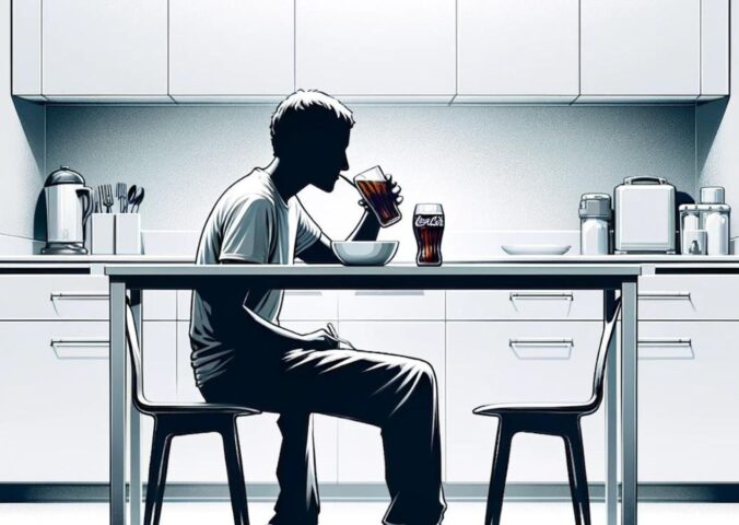 An AI-generated graphic image of a person sat at a table drinking Coca Cola for breakfast
