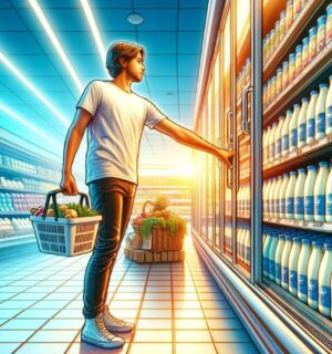 A cartoon AI-generated image of a young man buying whole milk from the supermarket