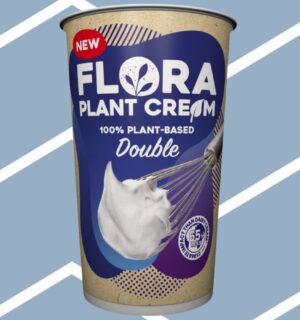 A tub of Flora dairy-free cream on a blue background