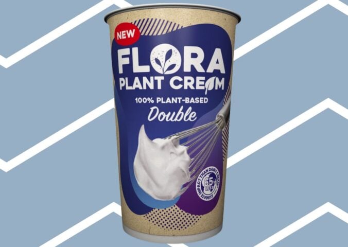 A tub of Flora dairy-free cream on a blue background