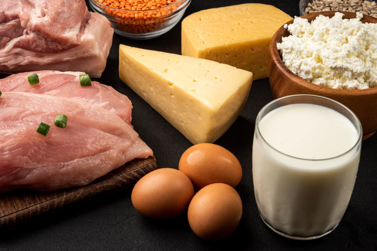 Photo shows a spread of animal-derived foods, including raw meat, cheese, milk, and eggs