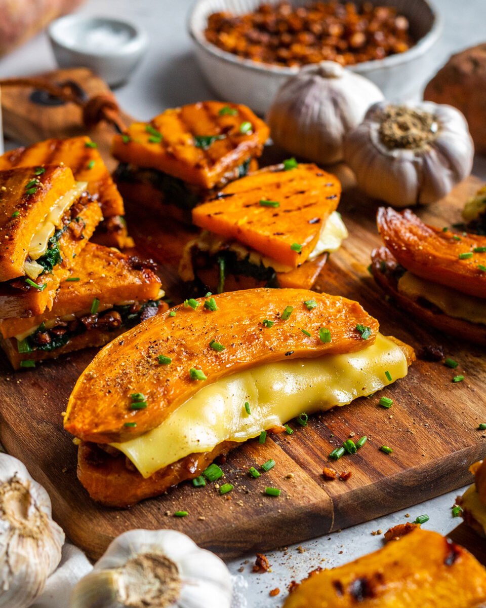 Sweet potato grilled cheese made with a dairy-free and vegan recipe
