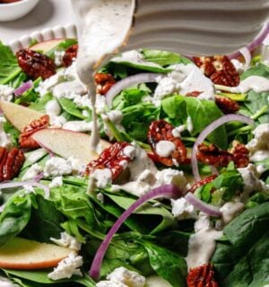 A spinach argula salad with candies pecans and apples