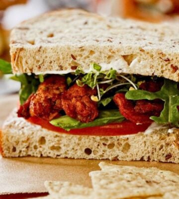 A vegan BLT sandwich made with a plant-based recipe