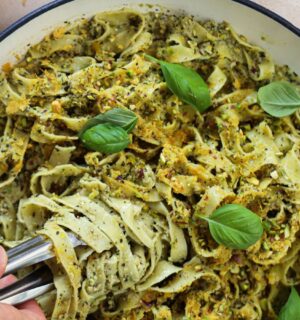 A vegan pasta dish, a plant-based fettuccine with pistachios