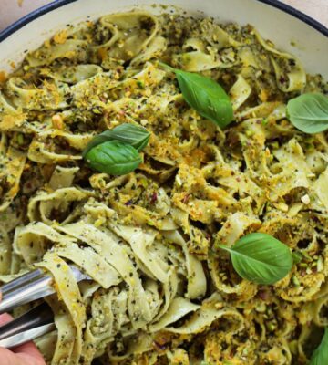 A vegan pasta dish, a plant-based fettuccine with pistachios