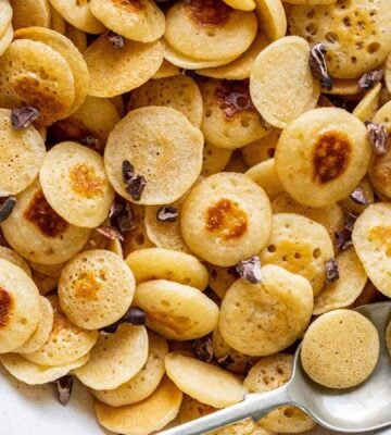 a bowl of vegan mini pancake cereal made with a dairy-free and egg-free recipe