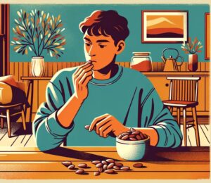 A graphic illustration-style image of a man in a blue jumper eating almonds at a table