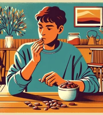 A graphic illustration-style image of a man in a blue jumper eating almonds at a table