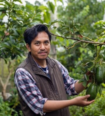 Photo shows an avocado farmer inspecting his crop