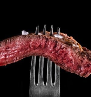 Piece of steak on a fork