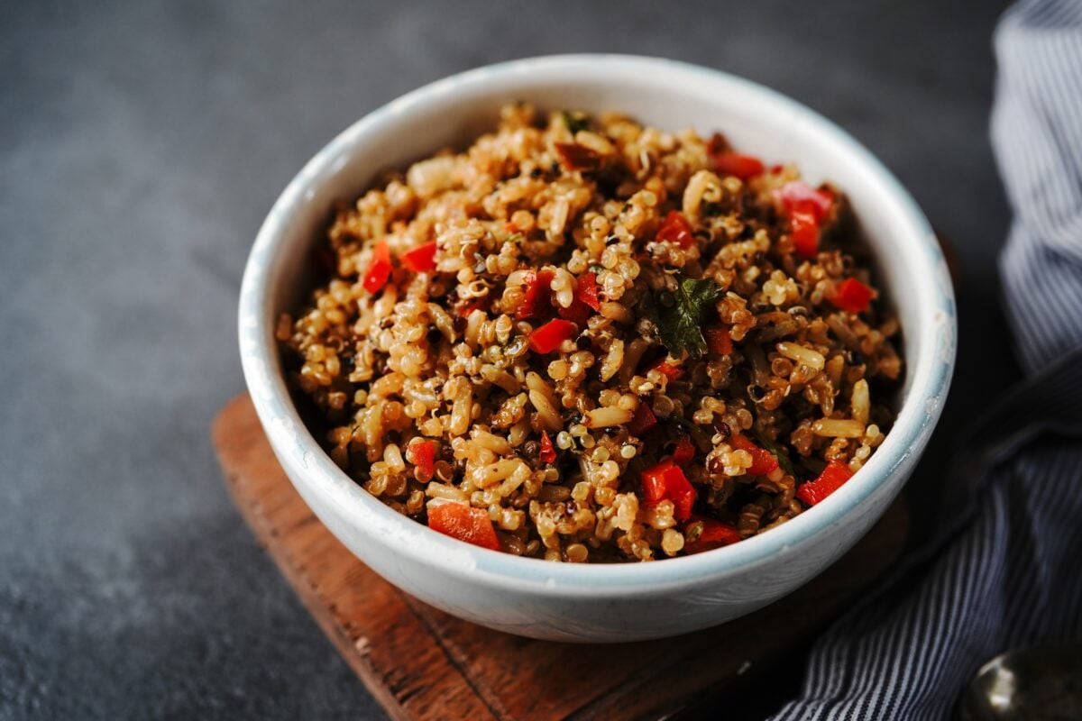 A bowl of brown rice and quinoa, a favoured whole foods plant-based recipe by vegan doctors