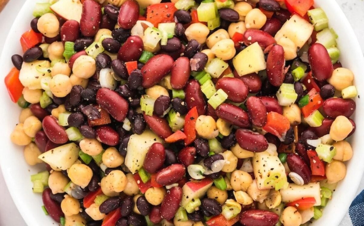 Photo shows a close-up of the easy three bean salad created by Dreena Burton
