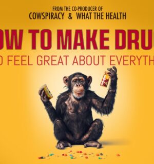 The poster for new vegan documentary How To Make DRugs, featuring a monkey holding up bottles of pills