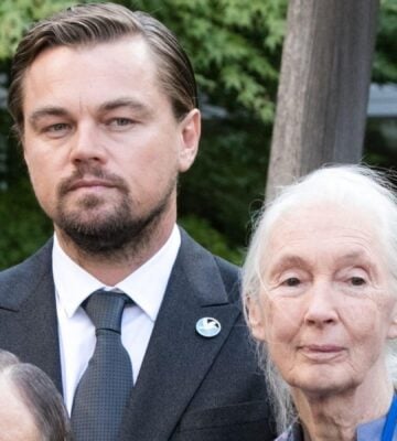 Leonardo DiCaprio and Jane Goodall with UN Dignitaries During the Peace Bell Ceremony on the Occasion of the 35th Anniversary of the International Day of Peace, 2016