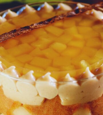 vegan trifle made with mulled cider, spices, apple, gingerbread, almond sponge, spiced custard, apple compote, and jelly