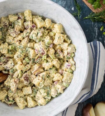 A vegan and oil-free potato salad made without eggs or dairy