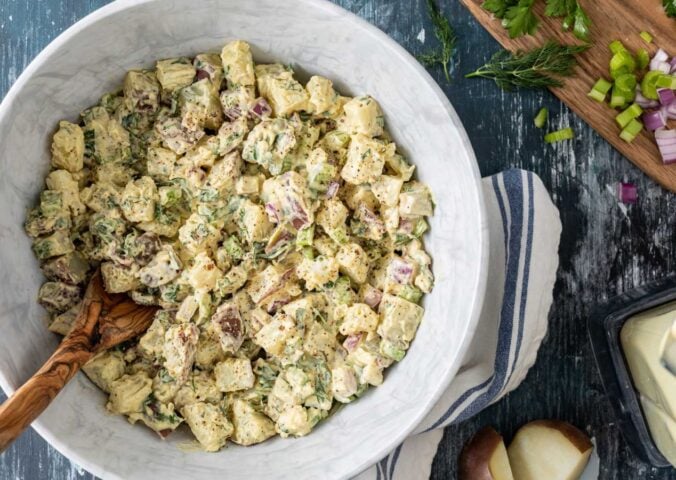 A vegan and oil-free potato salad made without eggs or dairy