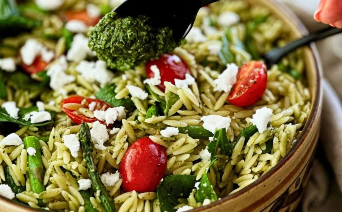 A plant-based pesto pasta salad, made to a vegan pasta salad recipe