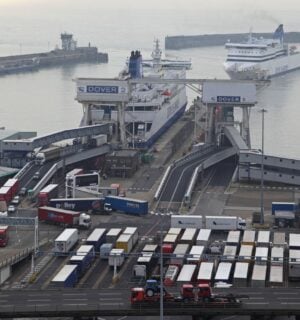 Trucks unloading from ferry at Port of Dover