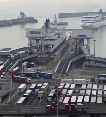Trucks unloading from ferry at Port of Dover