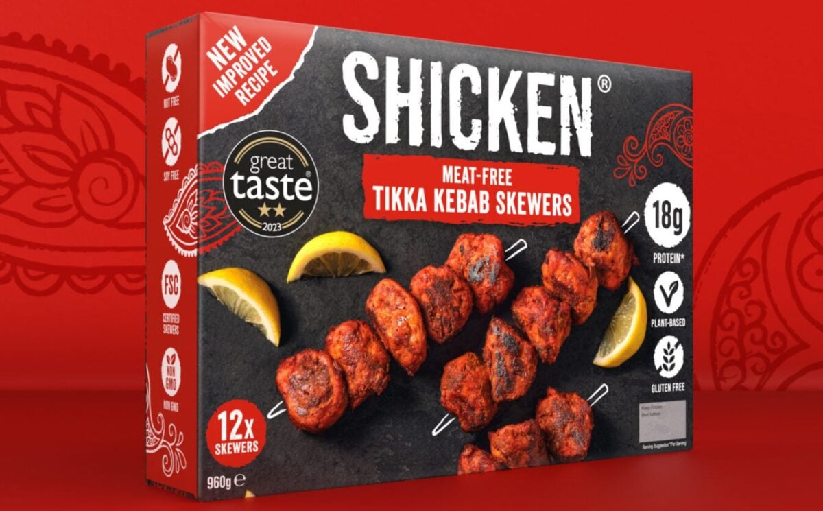 Photo shows the packaging for Shicken's new allergen-free plant-based chicken Tikka Kebab product