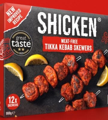 Photo shows the packaging for Shicken's new allergen-free plant-based chicken Tikka Kebab product