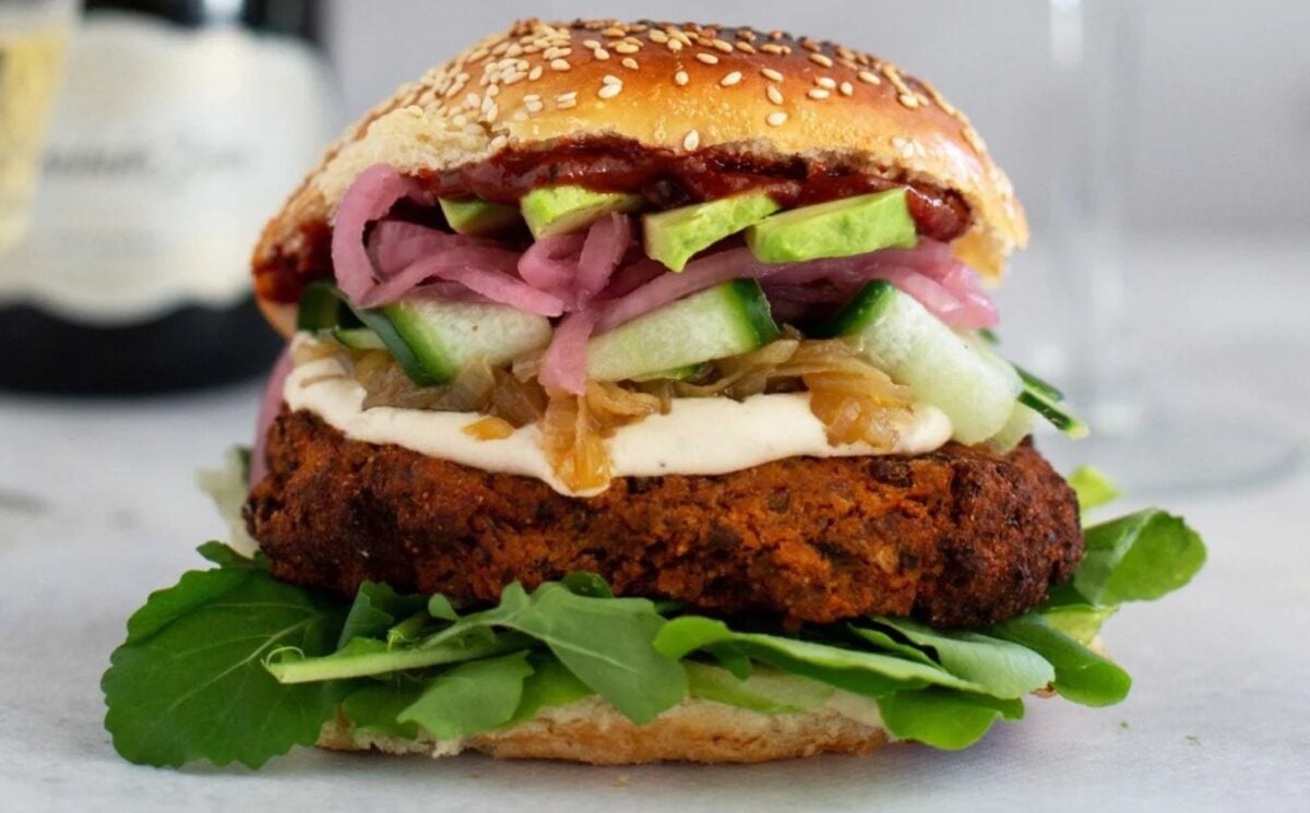 Photo shows the "smoky vegan burger," a vegan patty created by Mira Weinger