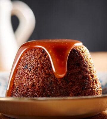 vegan sticky toffee pudding made with all plant-based ingredients and a vegan toffee sauce