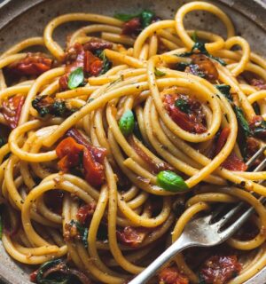 vegan bucatini pasta with sun-dried tomato, tomato, balsamic vinegar, garlic, onion, and baby spinach
