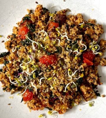 super healthy quinoa tofu made with cavolo nero, banana shallot, tomato, and is packed with plant protein