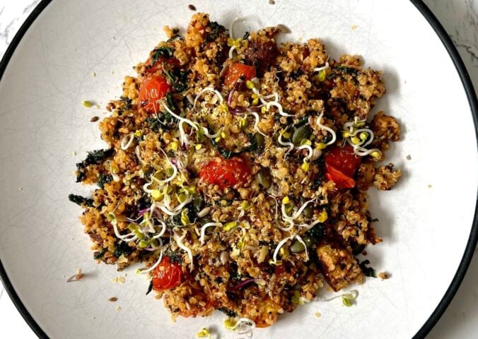 super healthy quinoa tofu made with cavolo nero, banana shallot, tomato, and is packed with plant protein