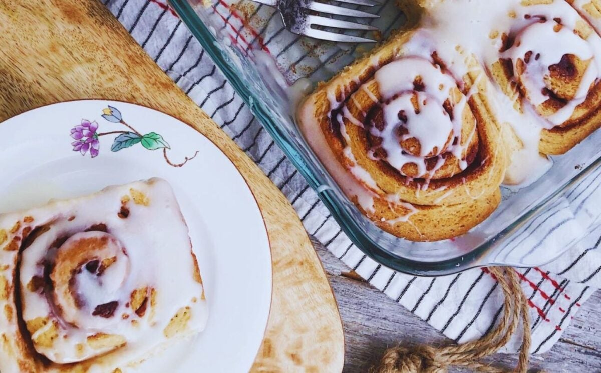 vegan cinnamon roll made with cinnamon filling, and classic glaze