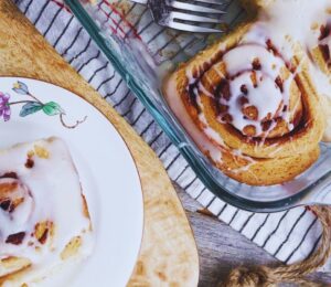 vegan cinnamon roll made with cinnamon filling, and classic glaze