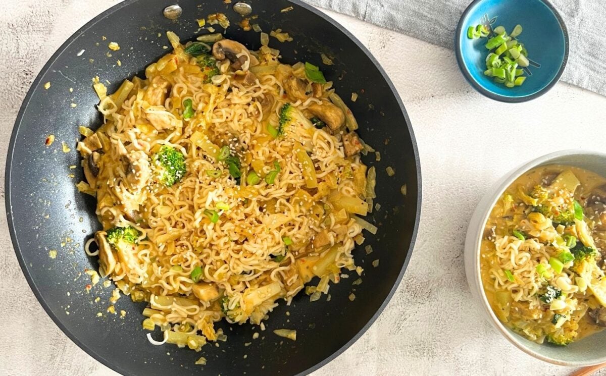A wok full of vegan lemongrass noodles