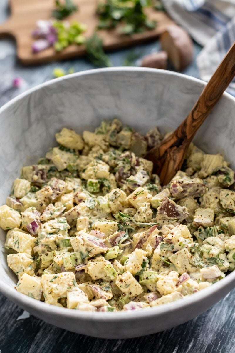 A vegan and oil-free potato salad made without eggs or dairy