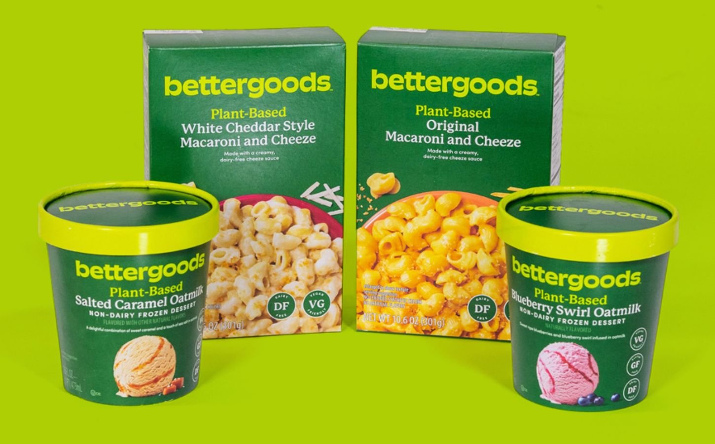 A selection of products from the new Walmart plant-based range, including oat milk ice cream and dairy-free mac and cheese