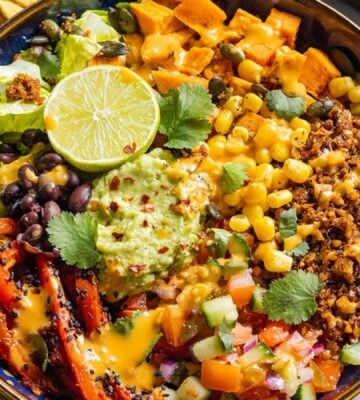 vegan walnut mince burrito bowl with avocado, red pepper, sweet potato, black beans, and yummy seasonings