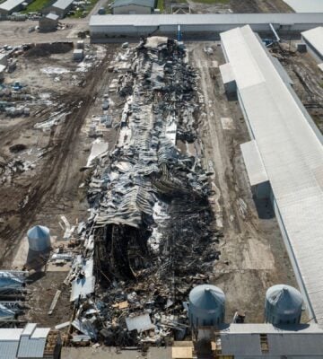 A burned down factory farm in rubble after a barn fire