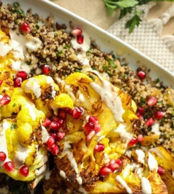 A bowl of brightly colored turmeric cauliflower grains