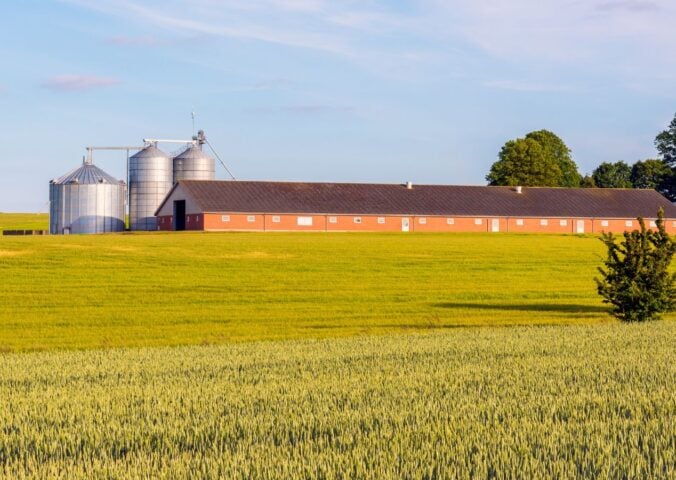 A large field with a farm in it in Denmark