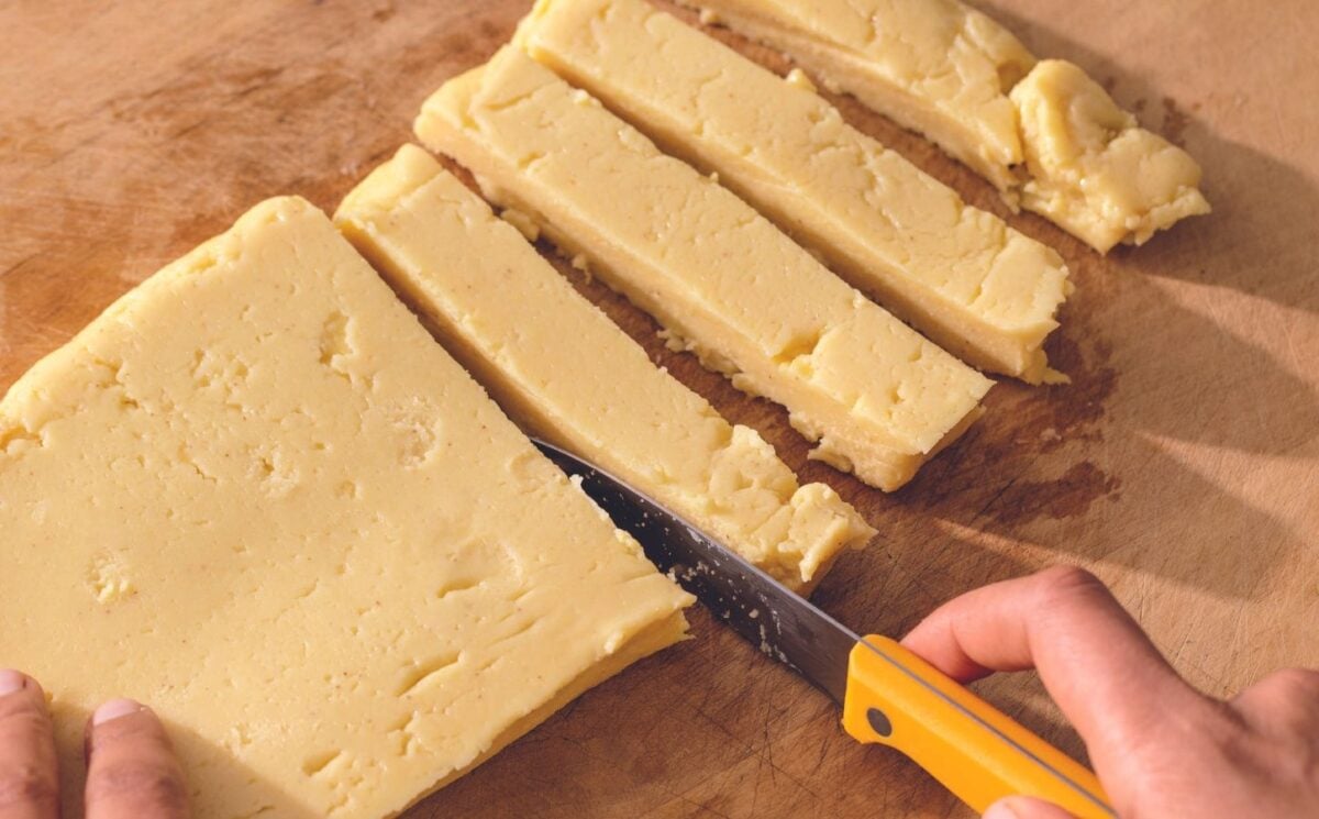 A block of chickpea flour made into a vegan paneer