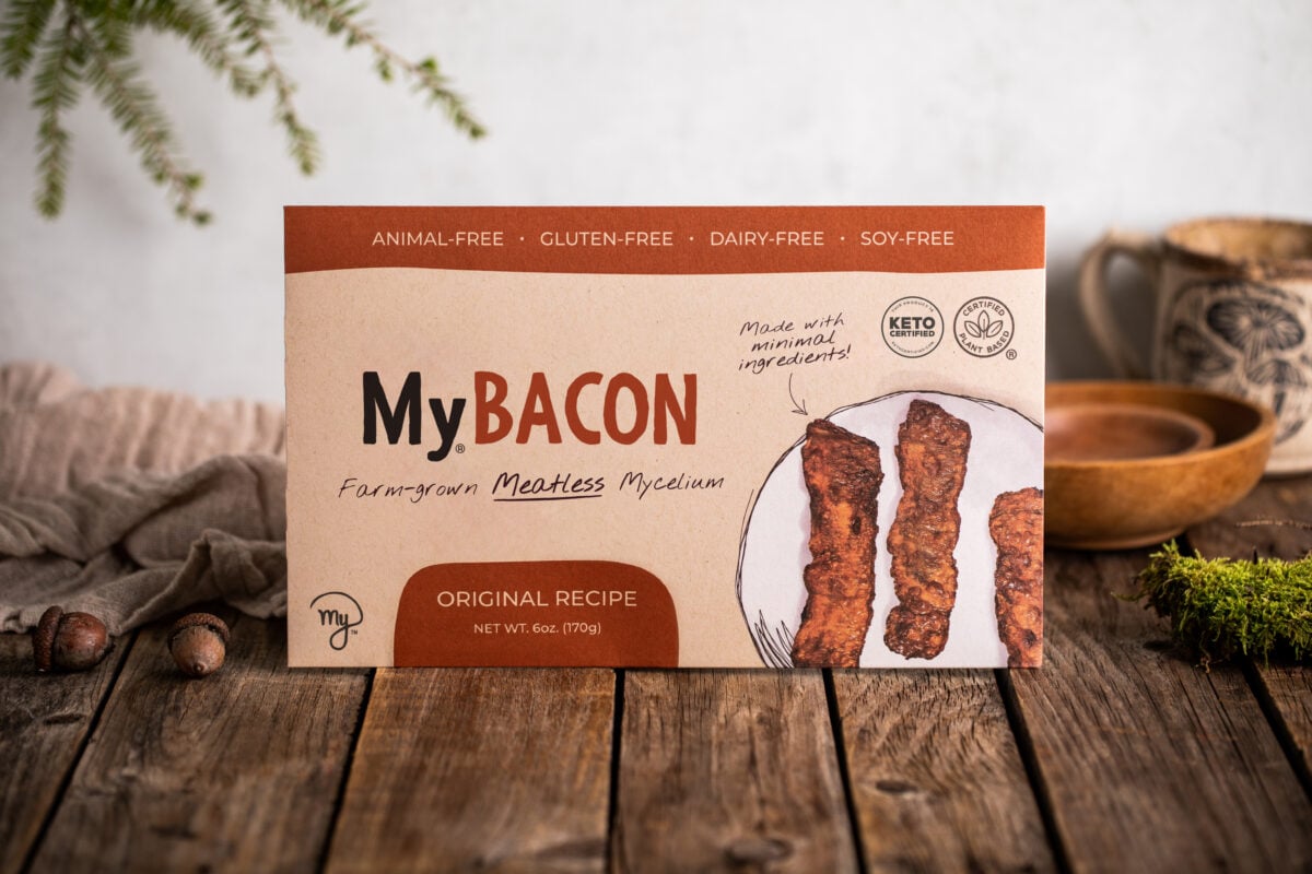 Photo shows the packaging of MyForest Foods Co's plant-based mycelium bacon