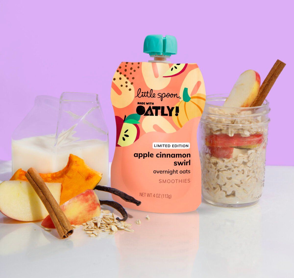 Photo shows one of the new flavors of Overnight Oat-style smoothies from Little Spoon x Oatly, Apple Cinnamon Swirl