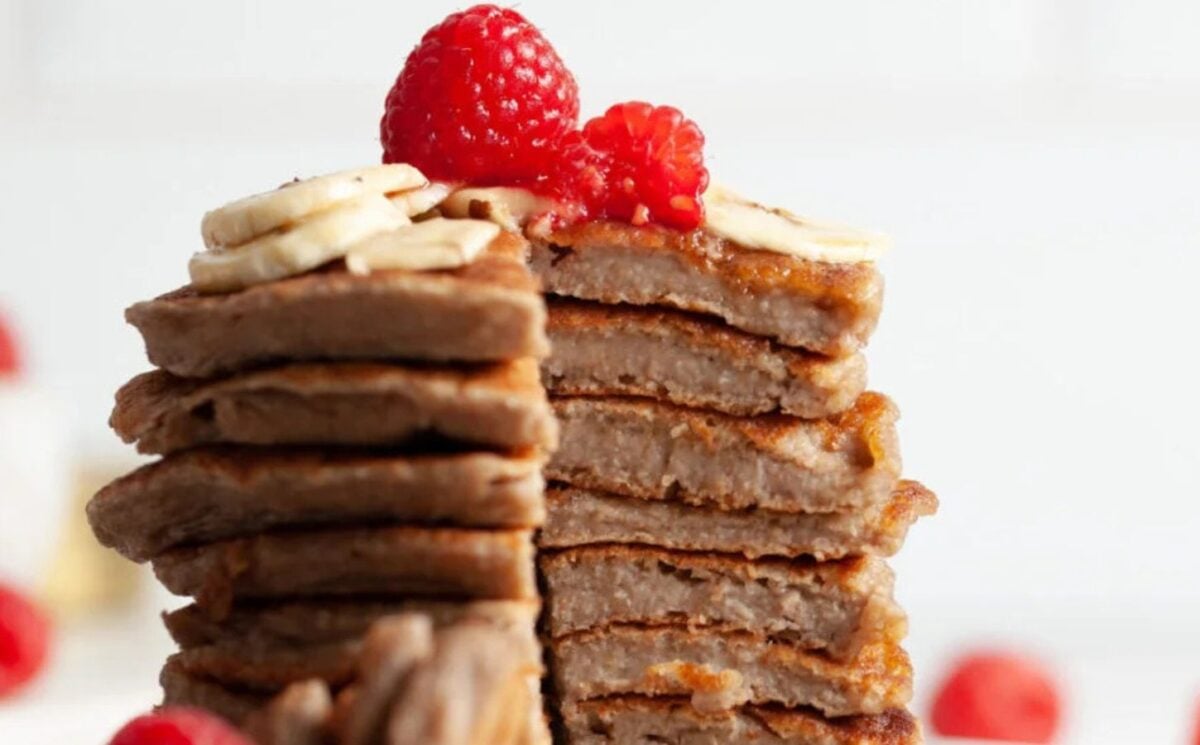 Photo shows a stack of oat and chia seed-based vegan pancakes